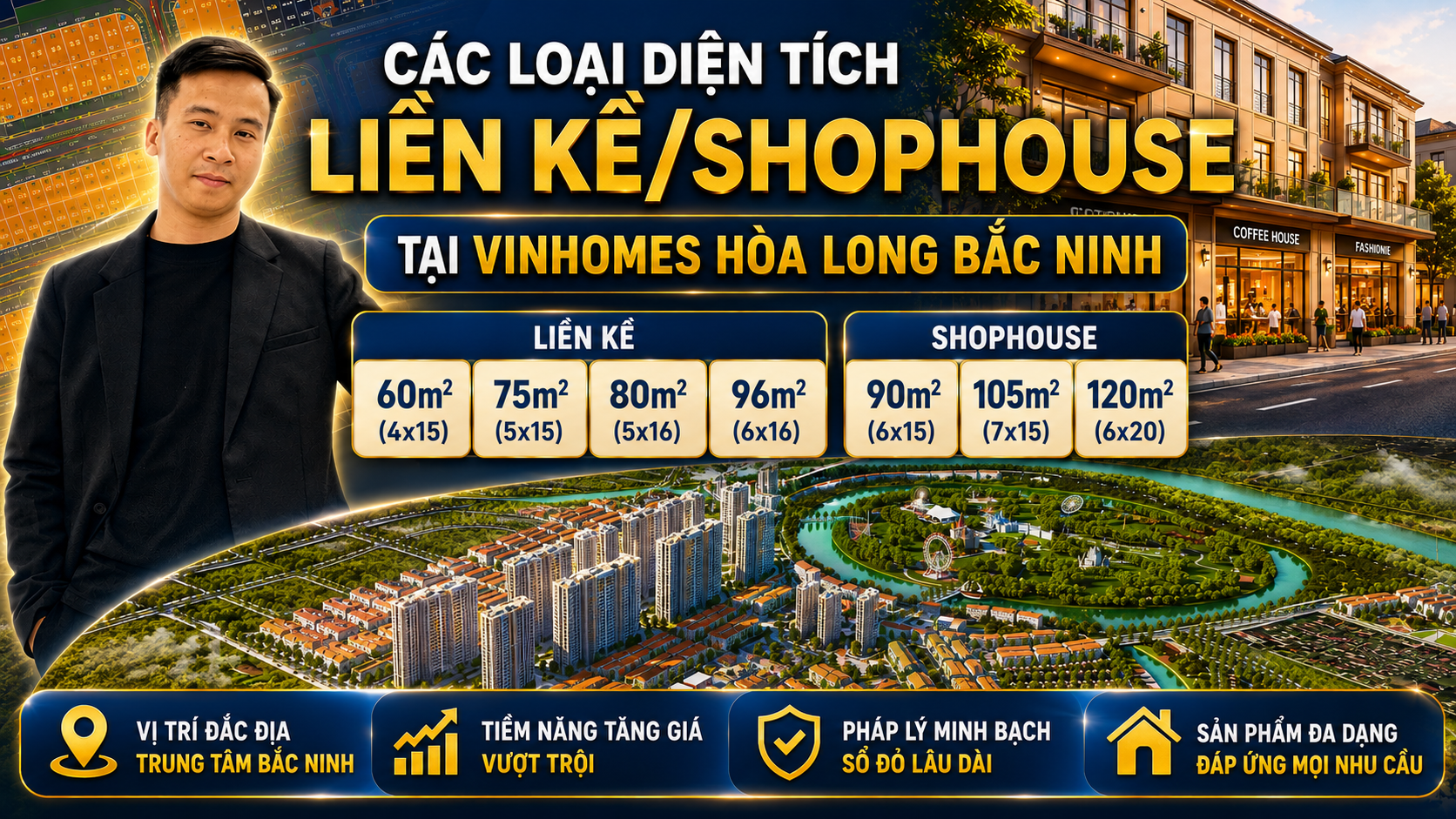 Các loại diện tích Liền kề / Shophouse dự án Vinhomes Hoà Long Bắc Ninh
